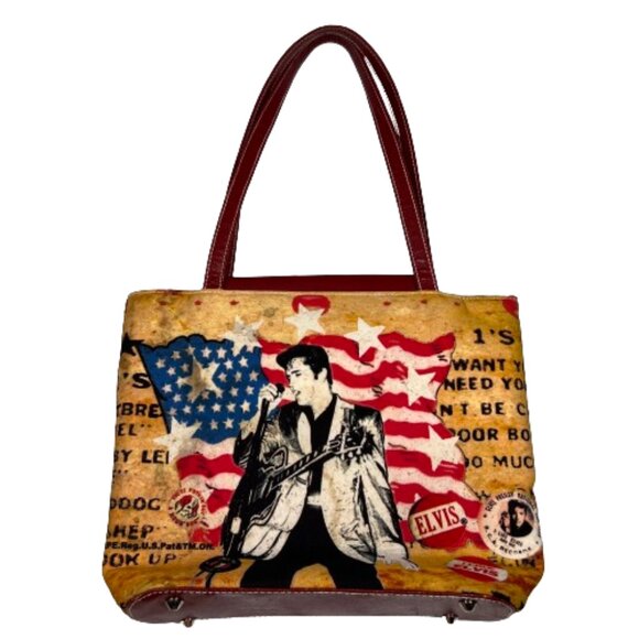Ashley‎ M Women Embellished Patriotic Elvis Print Handbag Multicolor Beaded Flag - Picture 10 of 16